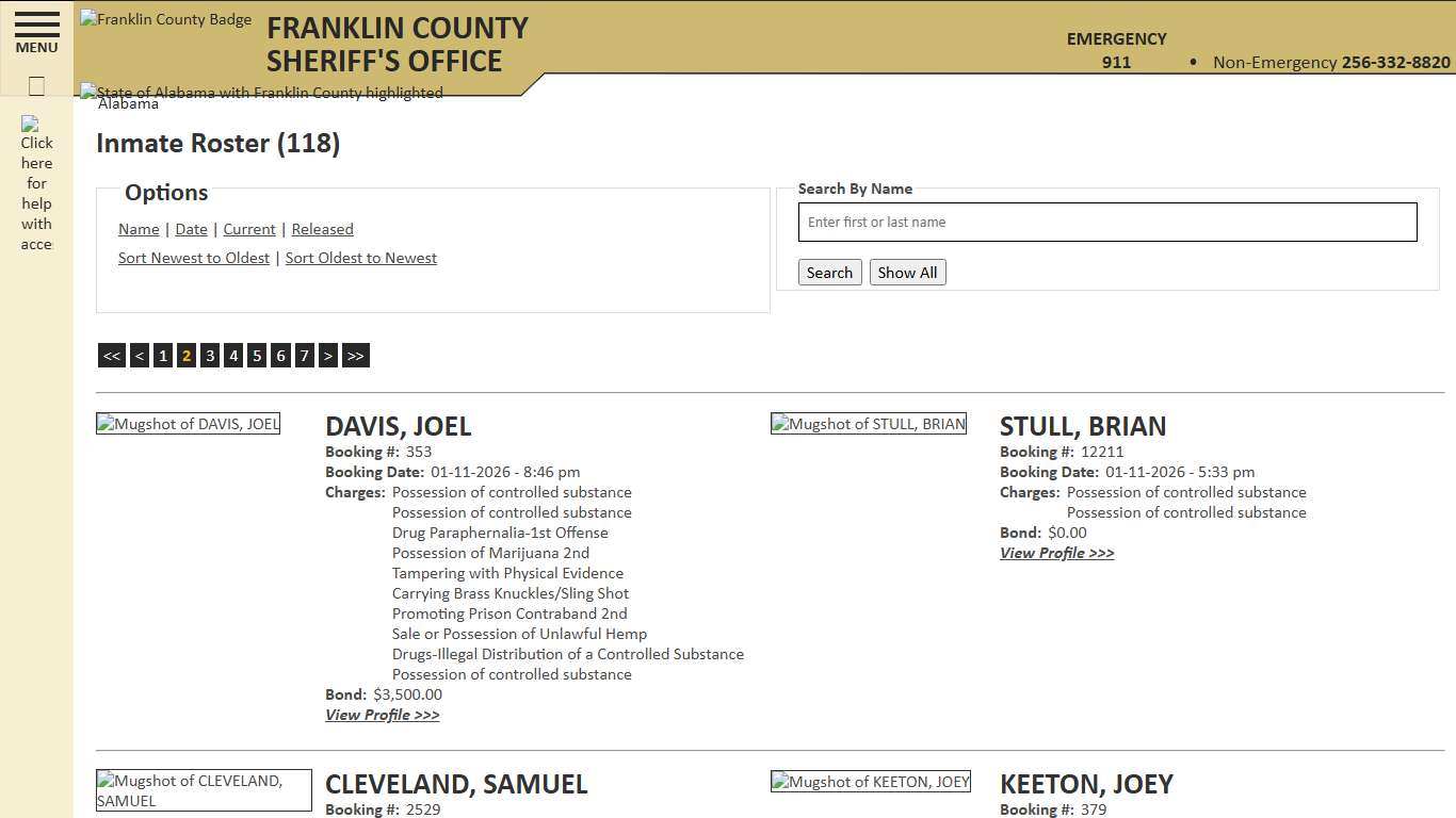 Inmate Roster - Page 2 Current Inmates Booking Date Descending - Franklin County AL Sheriff's Office